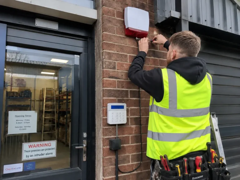 technician installing commercial intruder alarm system on building wall in Kent