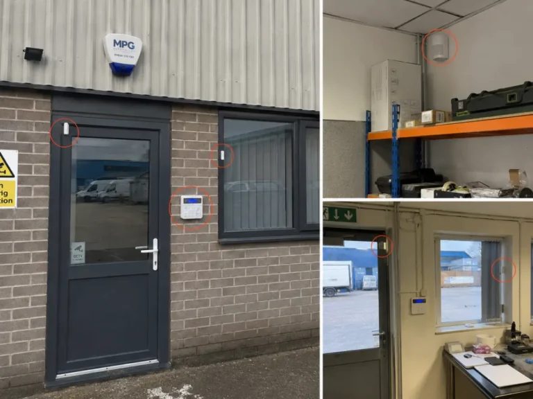 Commercial intruder alarm installation in Kent showing door sensors, alarm keypad, PIR motion detector and external sounder on a warehouse entrance