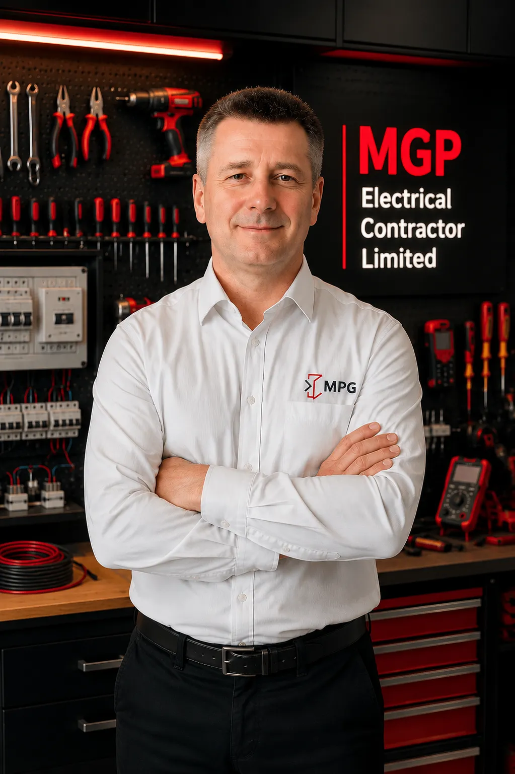 Pawel Gradowski, owner of MPG Electrical Contractor Limited, standing in professional electrician workshop with tools and equipment